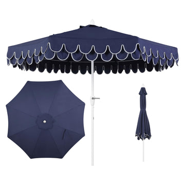 Tracy 9' Scalloped Market Patio Umbrella, Navy/White
