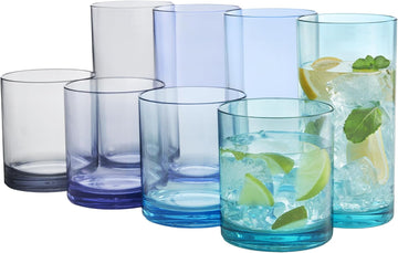 Classic Plastic Reusable Drinking Glasses (Set of 8) 12oz Rocks & 16oz Water Cups in Coastal Colors | BPA-Free
