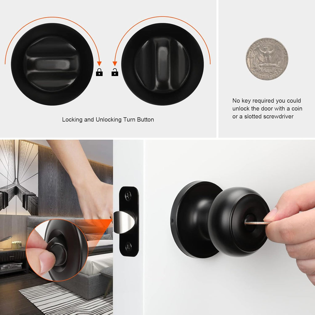 6 Pack Matte Black Door Knobs Interior Privacy, Black Interior Door Knobs or Bathroom Classic Round Doorknobs Hardware