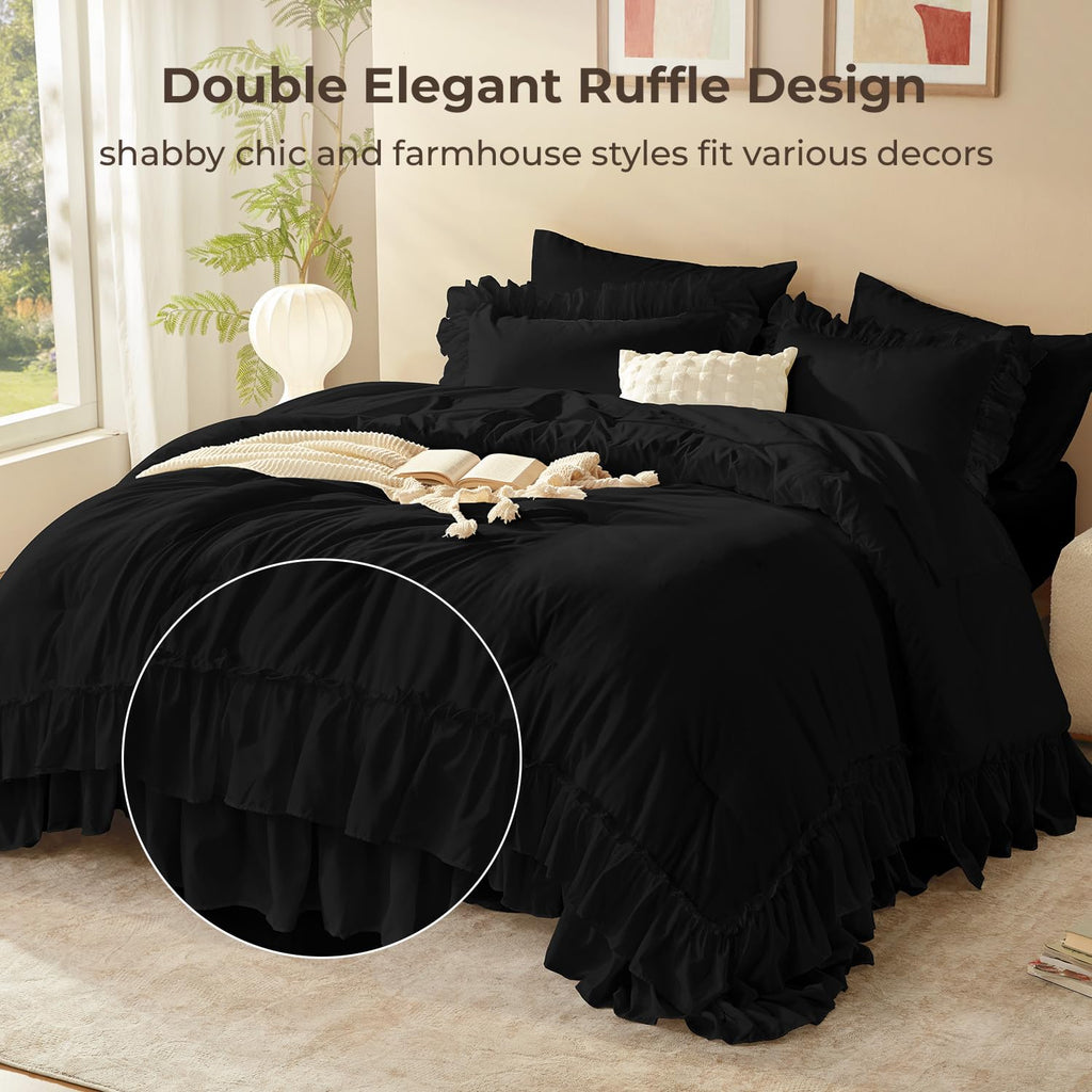 Comforter Set, 7 Pcs Black Ruffle Bed in a Bag