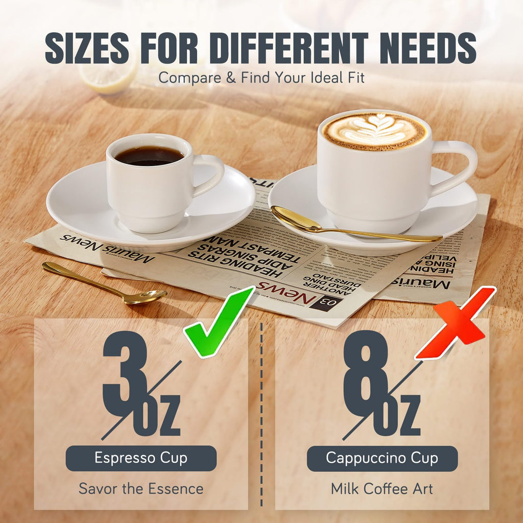 3-Ounce Espresso Cups with Saucers, Spoons and Metal Stand, Small Stackable Coffee Cups Set of 4, Ceramic Demitasse