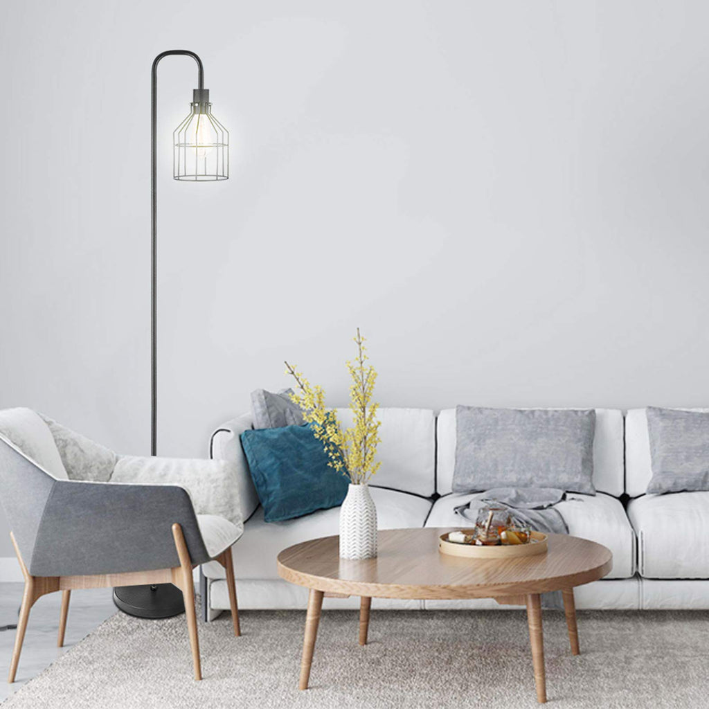 Floor Lamps, Industrial Frosted Black Floor Lamp with Cage Lampshade, On-Off Switch, Modern Indoor Pole Light, Study
