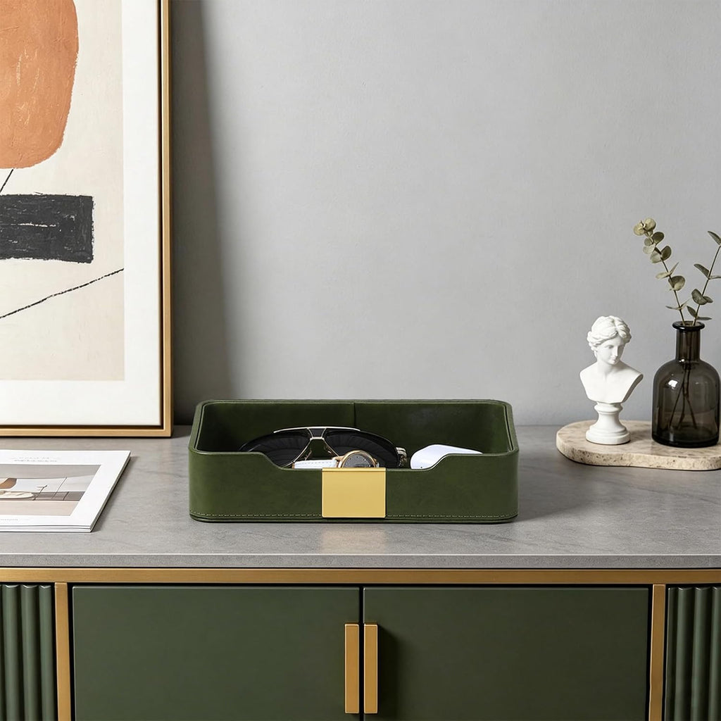 PU Leather Valet Tray, Nightstand Organizer, Catchall Tray, Green