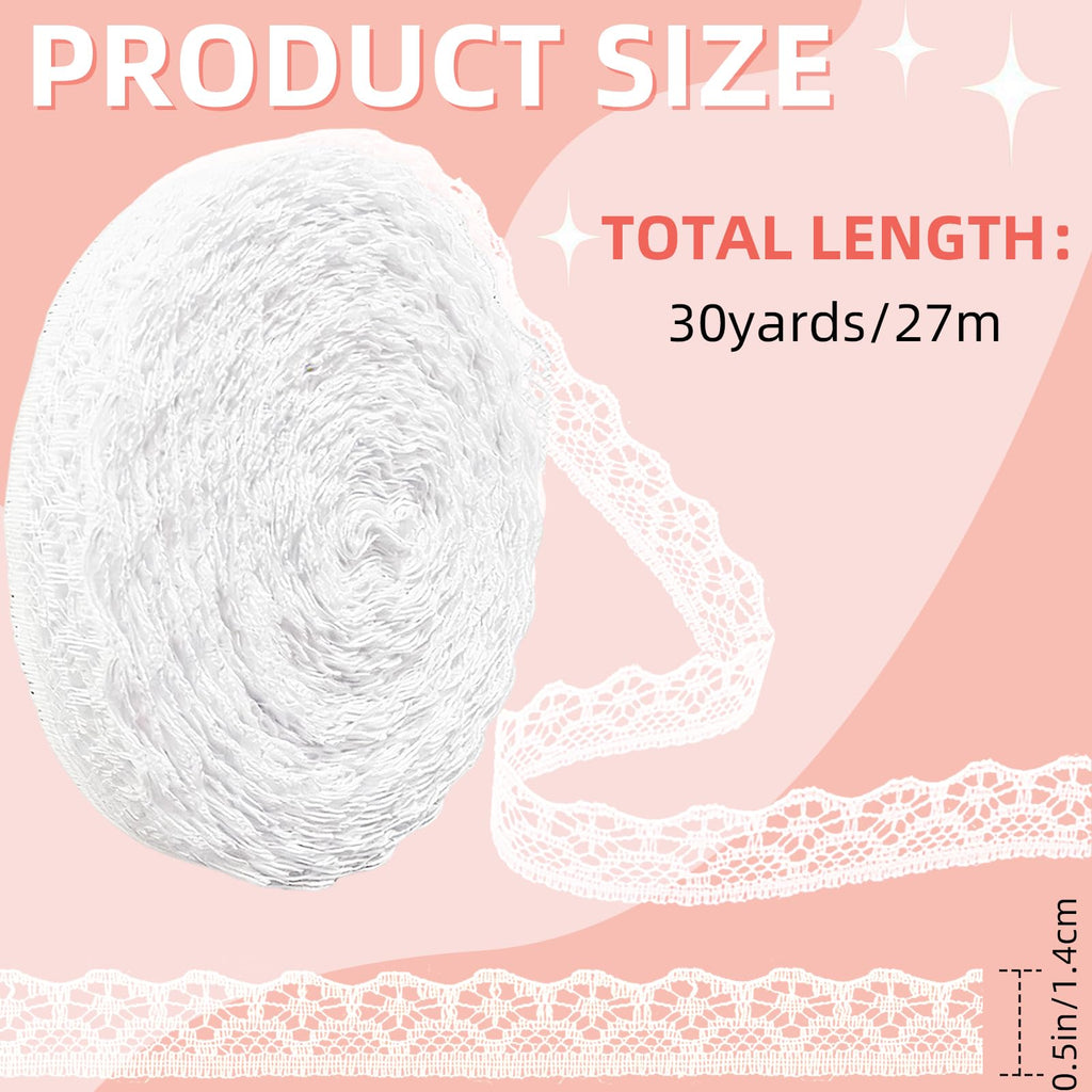 30 Yards White Lace Ribbon, Lace Trim Ribbon, 0.5 Inch Width Vintage Lace Trim for Sewing Crafts, Wedding Decoration