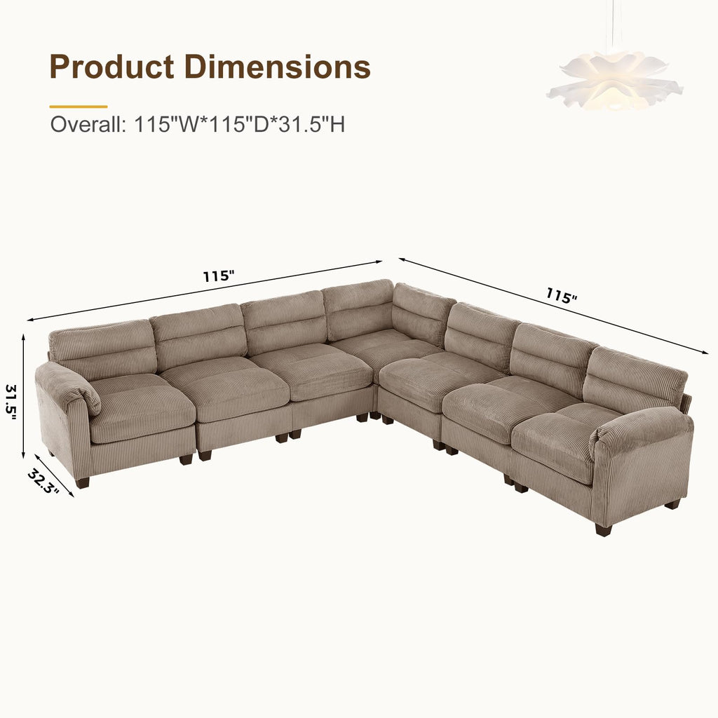 115" Wide Modular Sectional Sofa Couch, Oversized Corduroy l Shaped Sectional Couches with Rolled Arms, 7-Seater