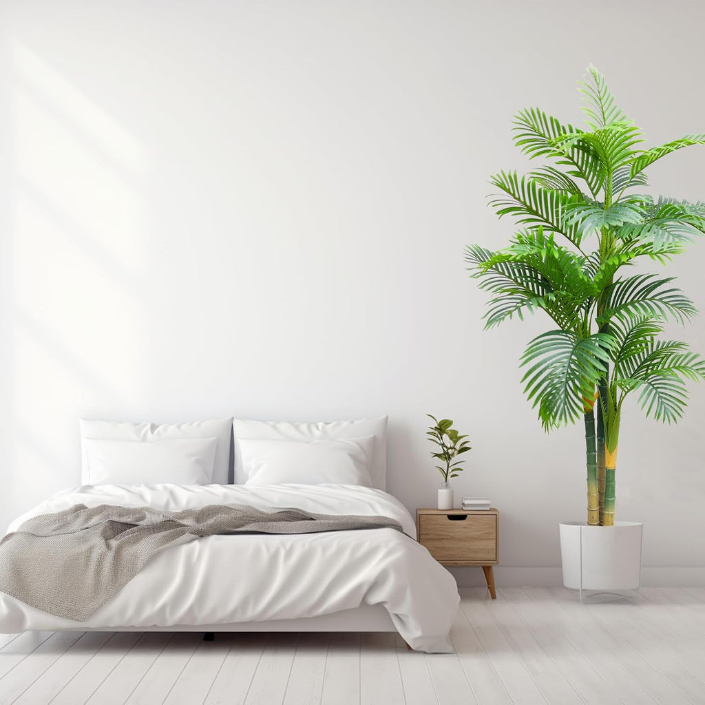 7FT Fake Palm Trees, Artificial Golden Cane Palm Tree 84IN, Green Large Tropical Palm Fake Plant in Pot for Indoor