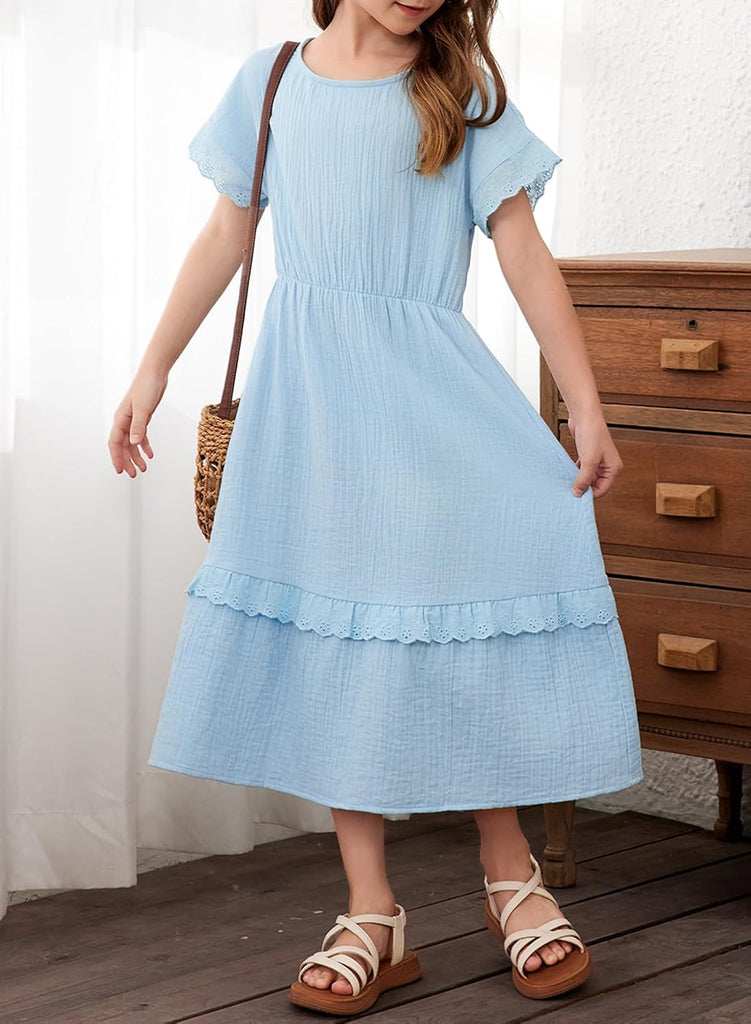 Girls Cotton Short Sleeve Dresses Summer Lace Dress