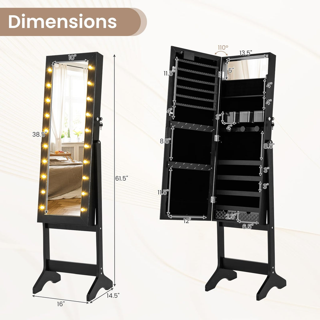 Standing Jewelry Cabinet with Full Length Mirror & 20 Warm Lights