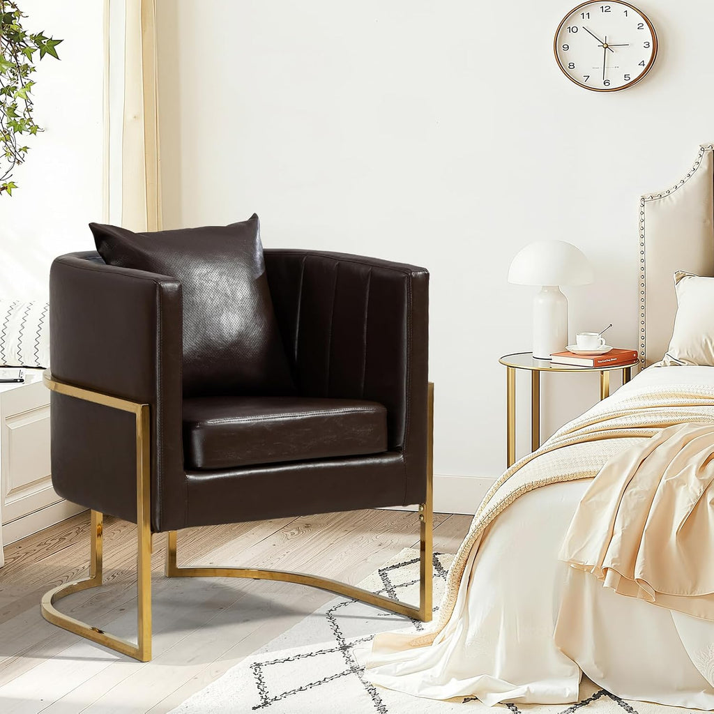 Modern Leather Accent Chair, Mid Century Upholstered Barrel Armchair with Pillow, Comfy Single Vanity Chair