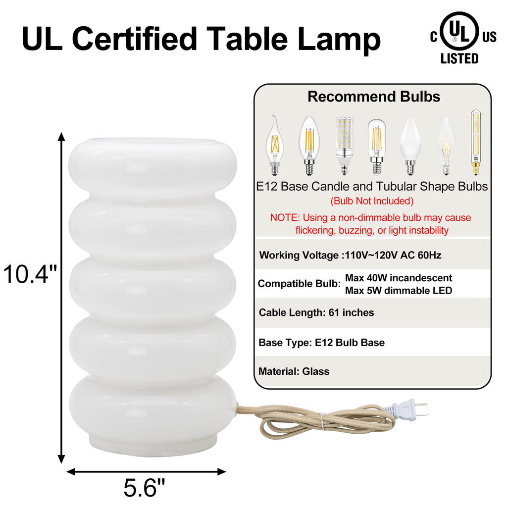 10.4 Inch Glass Table Lamp, Stepless Dimmable Nightstand Lamp, E12 Base