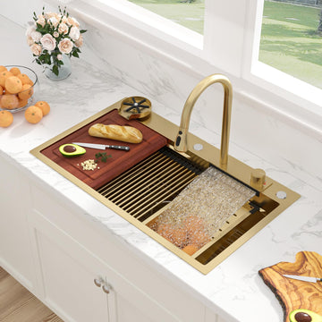 33 Inch Waterfall Kitchen Sink - 33x19 Gold Waterfall Drop In Sink Workstation Stainless Steel 16 Gauge Sink