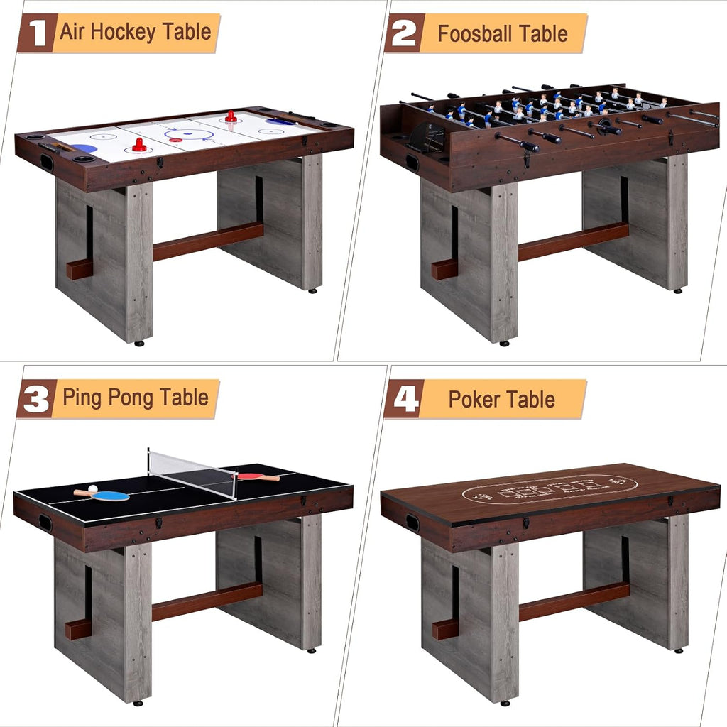 4-in-1 Combo Game Table 55" Multi-Game Table with Foosball, Electric Air Hockey (Powerful 700mA Motor), Ping Pong &