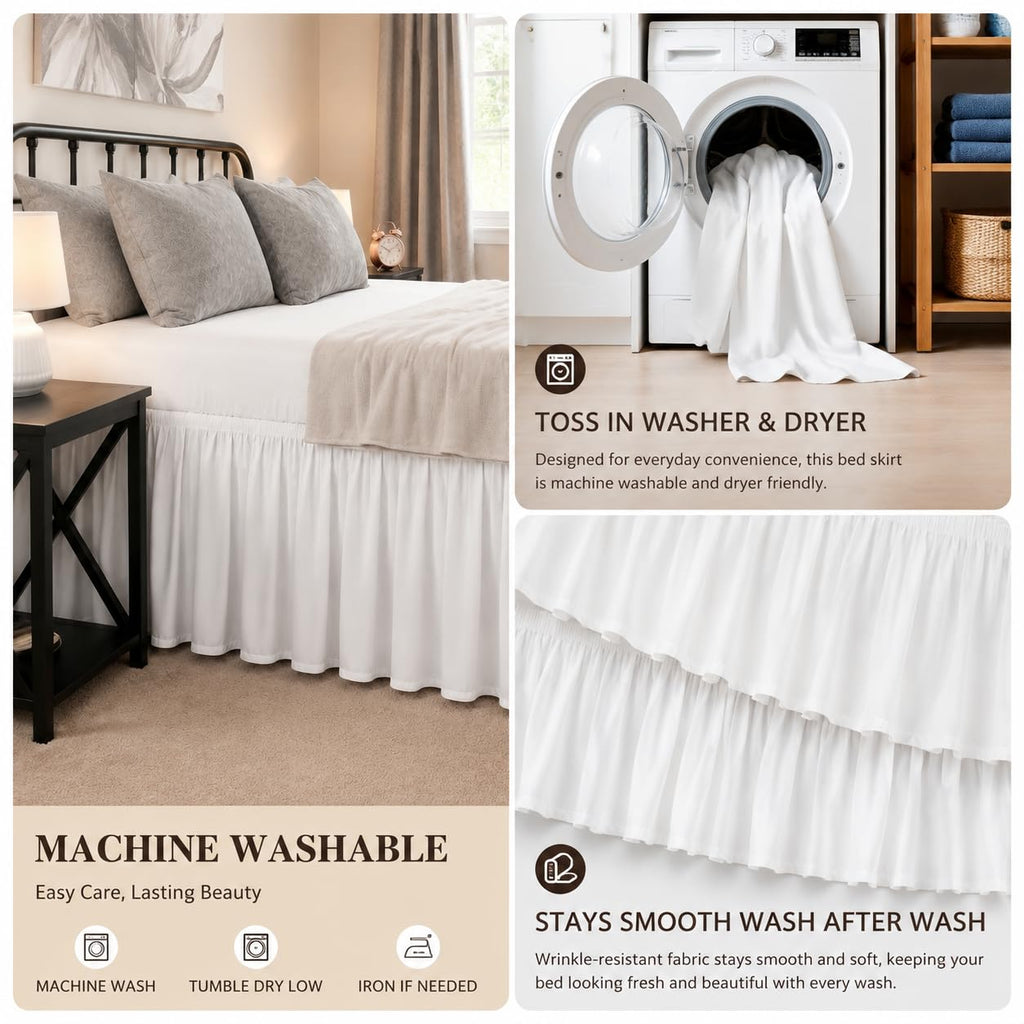 King Bed Skirt 21 Inch Drop, Elastic Wrap Around with Split Corners