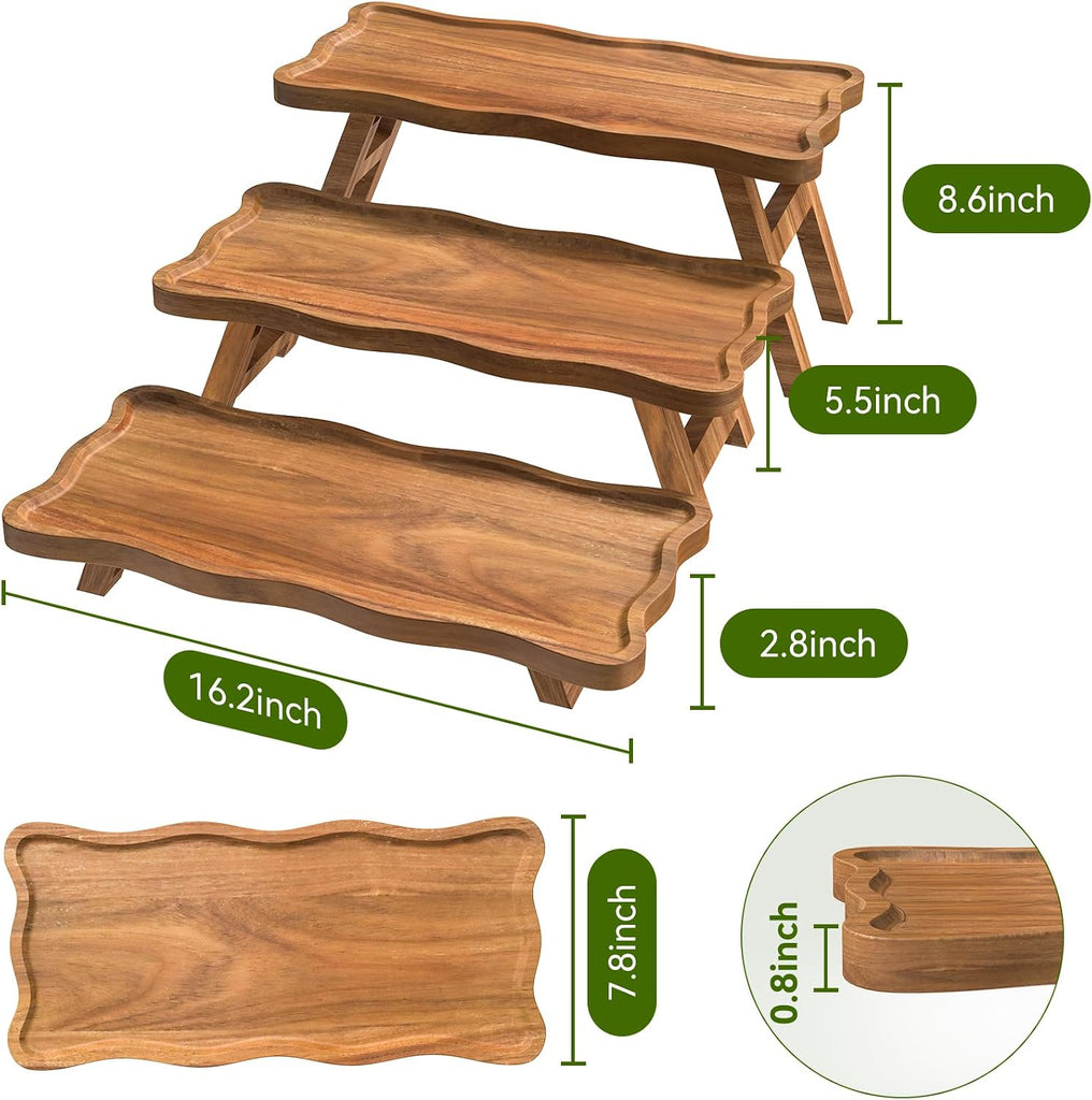 Acacia Wood 3 Tier Cupcake Stand, Serving Tray for Party, Foldable Dessert Table Display Set, Tiered Tray Decor - Set of 3
