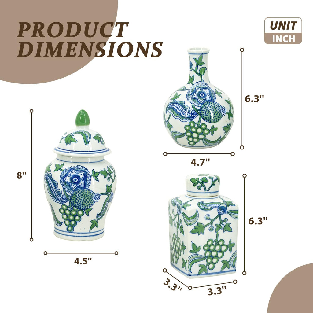 Porcelain Ginger Jar, Chinoiserie Vase Living Room Console Table Accent, Shelf and Tabletop Decor, Green - Set of 3