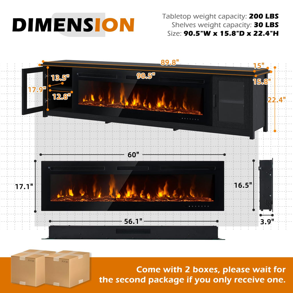 90", 60 Inch Smart Fireplace & Modern Entertainment Center, Fire Place TV Console with WI-FI Enabled for TVs Up to