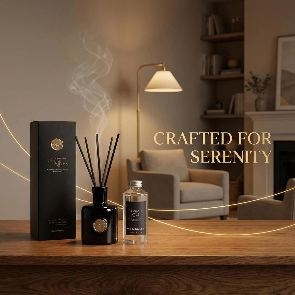 Oud & Bergamot Reed Diffuser, Long Lasting Essential Oil Fragrance - Set of 7