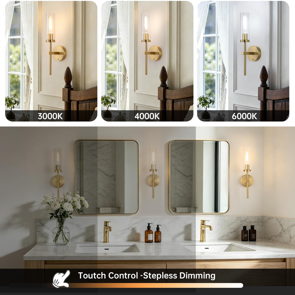 Set of 2 Battery Operated Wall Sconce with 3 Color Temperatures & Remote Control, Gold Rechargeable Dimmable Wall
