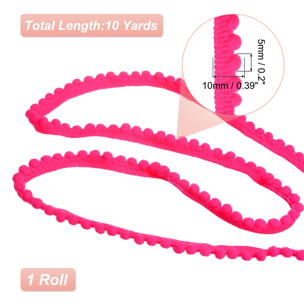 0.4" x10 Yards 5mm Pompom Ball Fringe Trim Decor,Rose Red