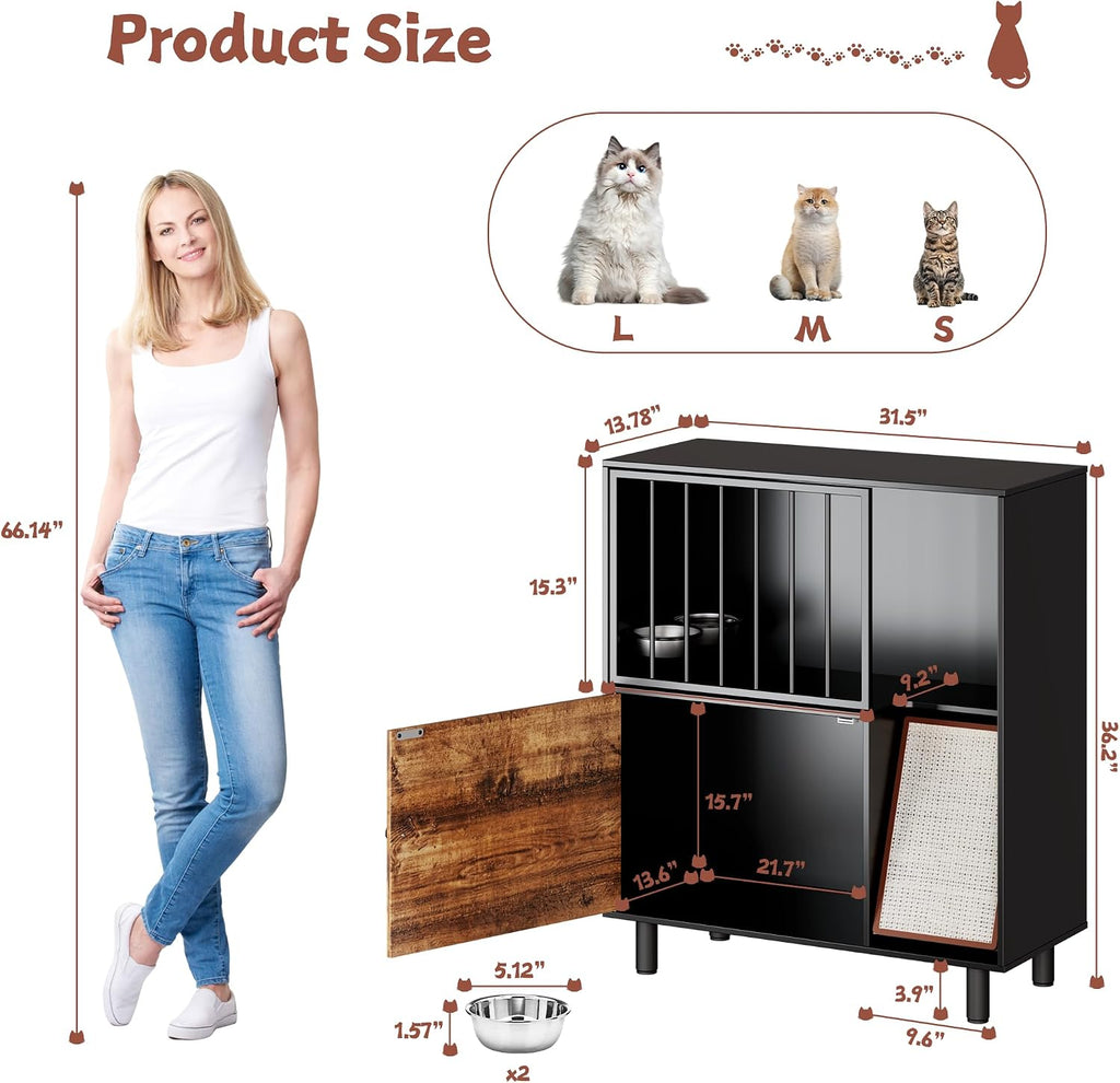 Dog Proof Cat Feeding Station, Cat Feeding Station Furniture with Storage and Cats Scratching Board, 2 Raised Pet