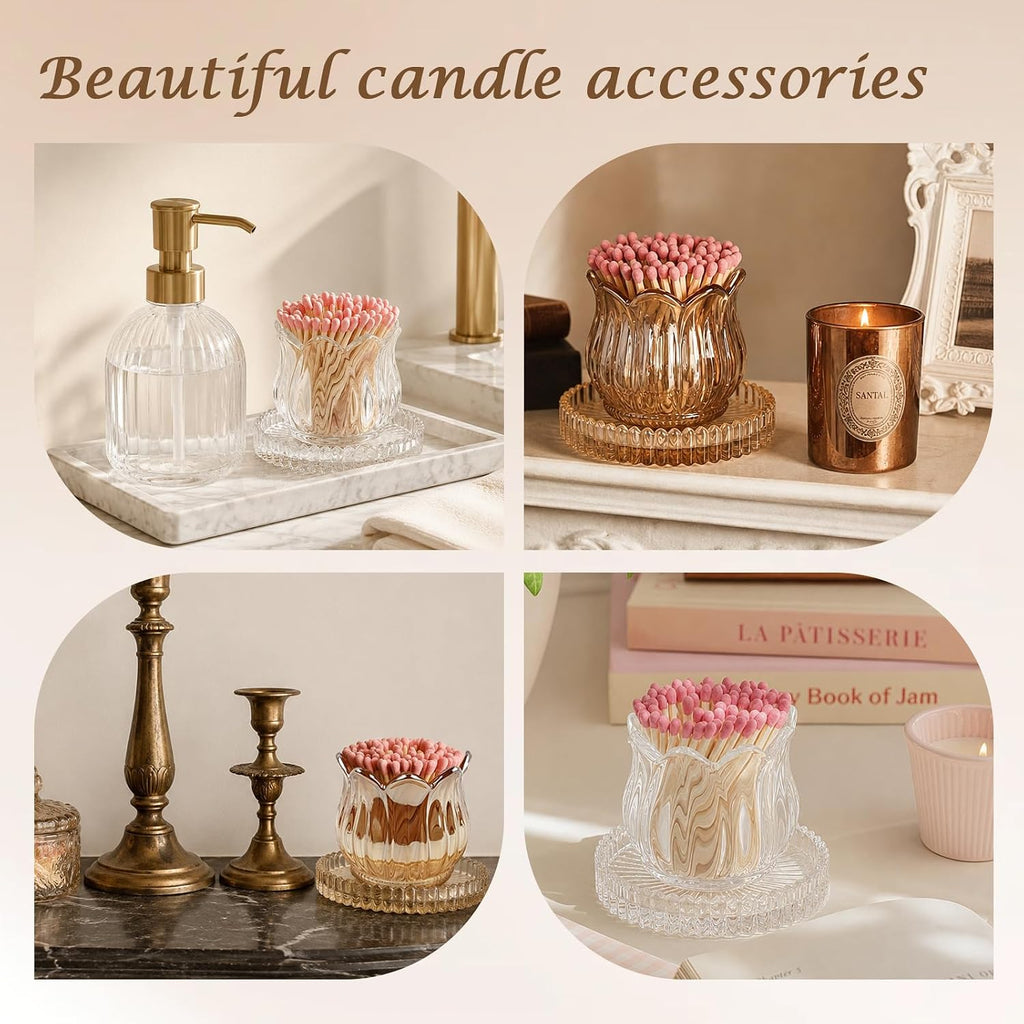 Glass Match Holder with Striker, Lily Shape Match Jar,Brown:Lily:1