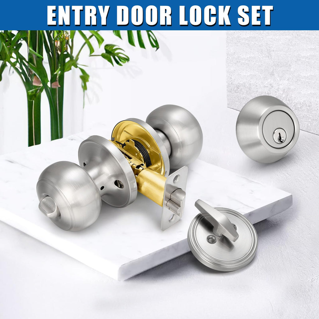 3 Sets Entry Door Knob and Single Cylinder Deadbolt Combo Set, Keyed Alike