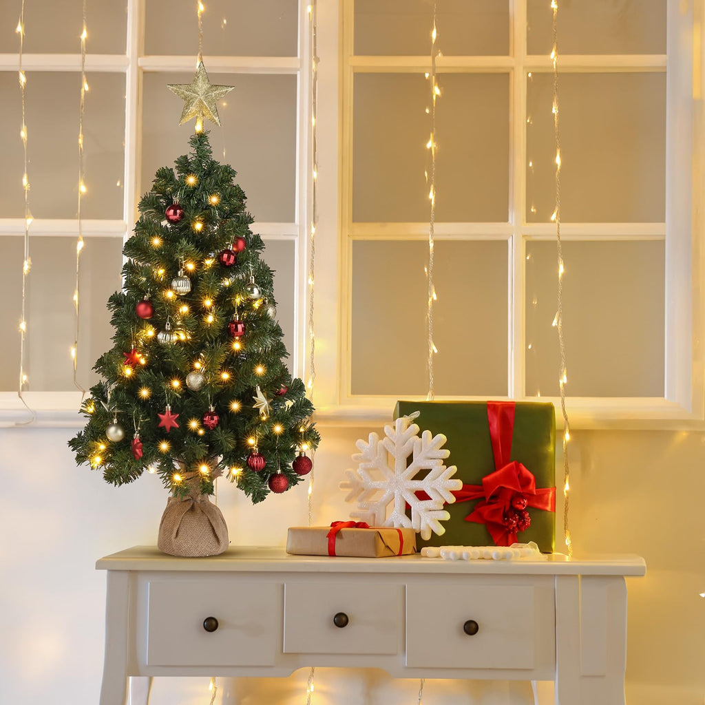 3ft Pre-lit Artificial Christmas Tree, Mini Tabletop Xmas Tree with 150 Branches Tips for Christmas Party Home Indoor