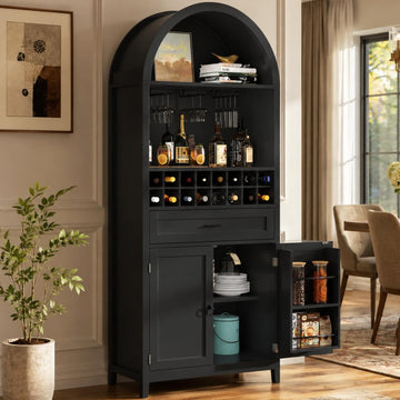 76" Arched Wine Bar Cabinet with Drawer, Glass Holders & Wine Rack | Modern Liquor Bars Cabinet W/Drawer & Shelves