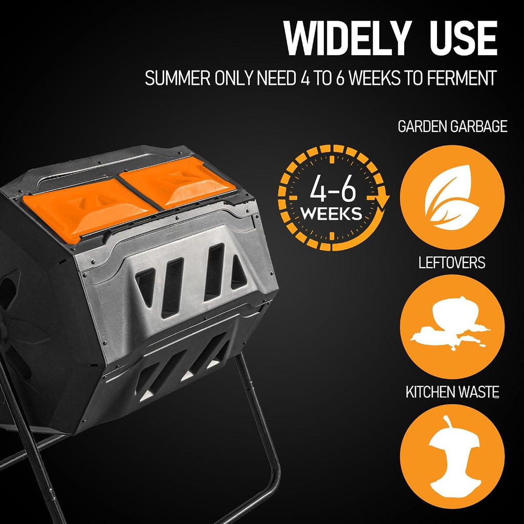Compost Bin Outdoor, 43 Gallon Dual Chamber Tumbling Composting Bin with Sliding Doors, Tumbler Rotating Batch