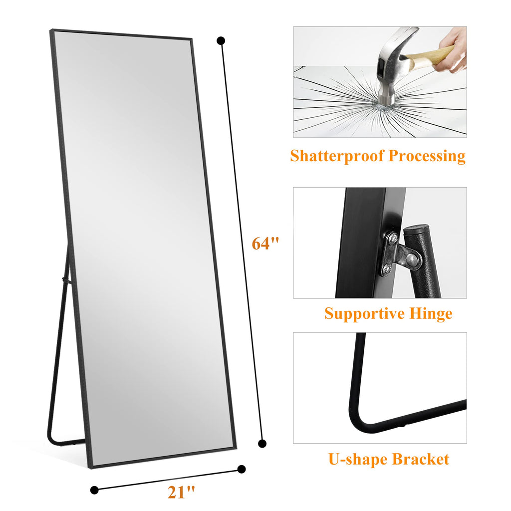 Full Length Mirror, 64"x21" Body Mirror with Stand Floor Standing Wall-Mounted Hanging or Leaning Against Wall
