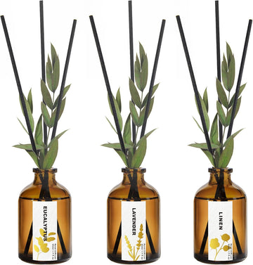 Reed Diffuser, Eucalyptus, Linen & Lavender Scented Oil Diffusers with 15 Reeds, Long-Lasting Home Fragrance - Set of 3