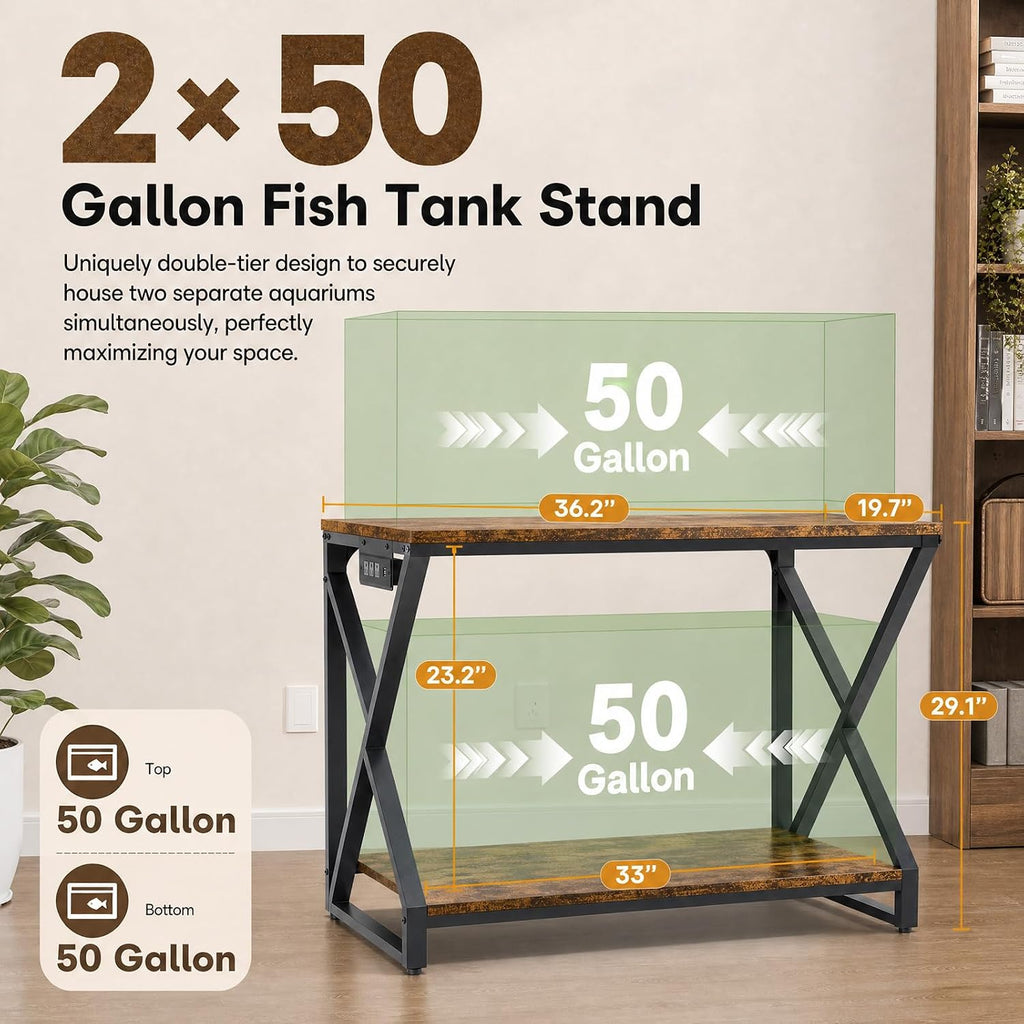 Heavy Duty 50Gal Aquarium Stand, 3 Outlets & 2 USB Ports, Brown