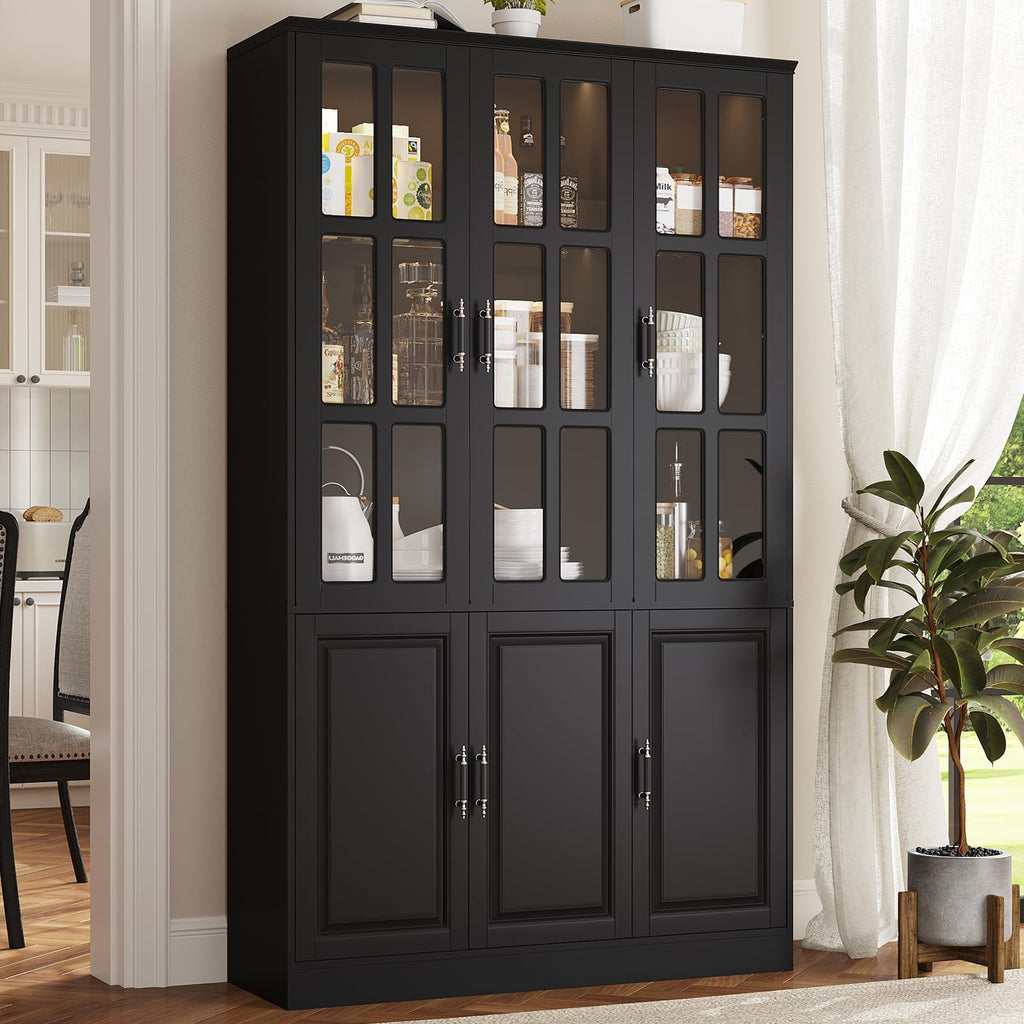 78.7" Kitchen Pantry Storage Cabinet with LED Lights, Tall Pantry Cabinet with Glass Doors, Kitchen Hutch Utility