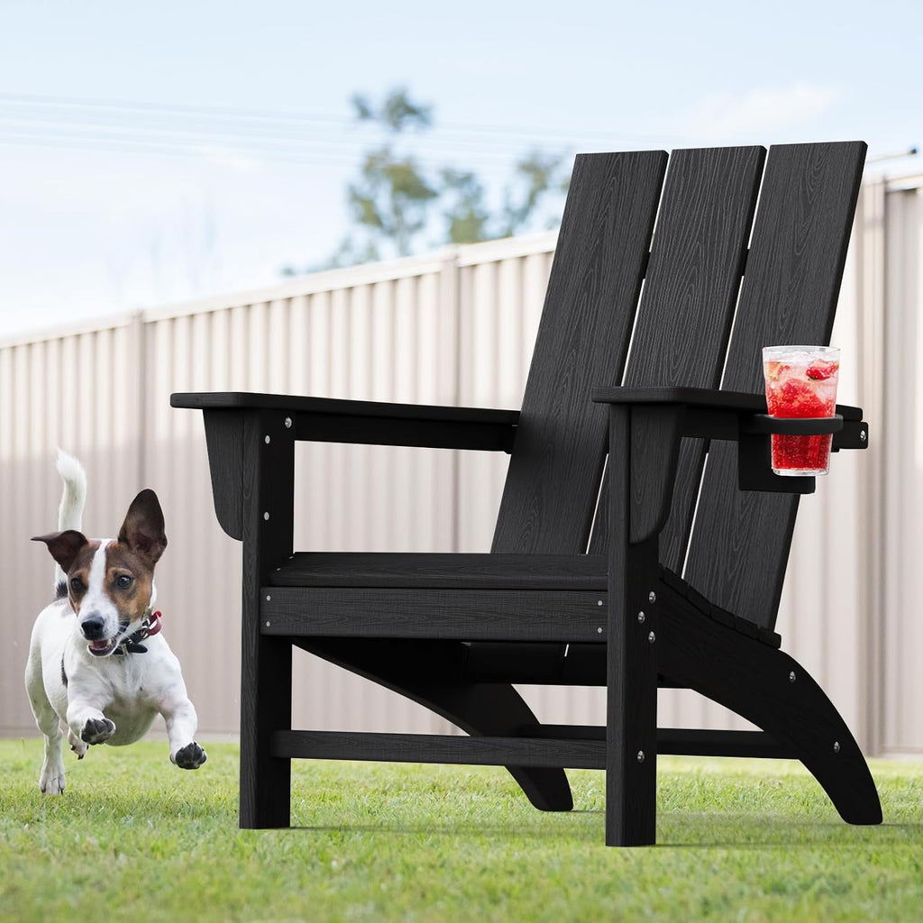 Modern Adirondack Chairs Set of 2, Cup Holder, HDPE Plastic Patio Chairs | Wood Texture Outdoor Chairs, Lawn Chairs