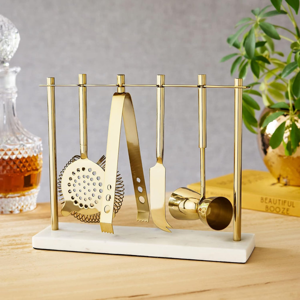 Bar Tool Set Includes Hawthorne Strainer, Citrus Knife, Ice Tongs, Double Jigger with Marble Display Stand - Set of 4