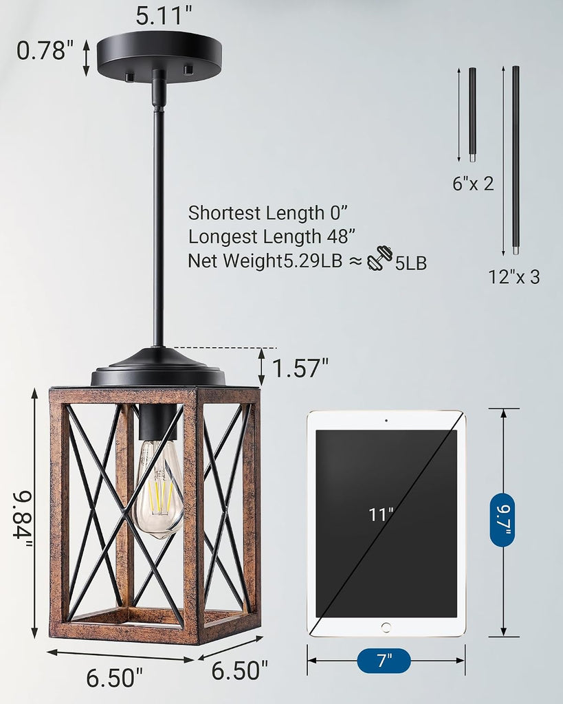 Farmhouse Pendant Light, Metal Hanging Light Fixture with Wooden Grain Finish, 48 Inch Adjustable Pipes for Flat and