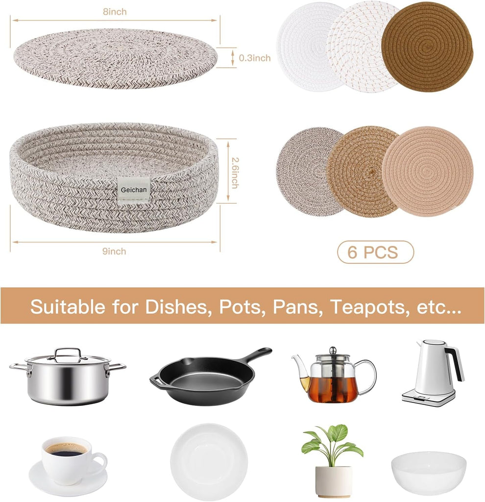 8inch Trivets for Hot Dishes, Hot pots and Pans, Extra Large Thick Heat Resistant Large Coasters,Pot Holders, Hot - Set of 6