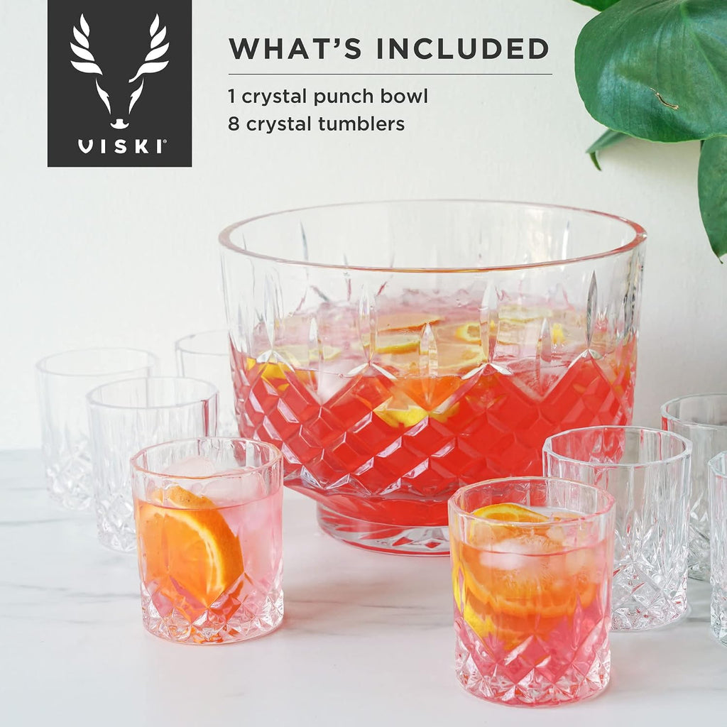 Admiral Punch Bowl Set with 8 Tumblers, Cut Crystal Cocktail Party Serveware, Dishwasher Safe, 2.5 Gallons, 9 Oz