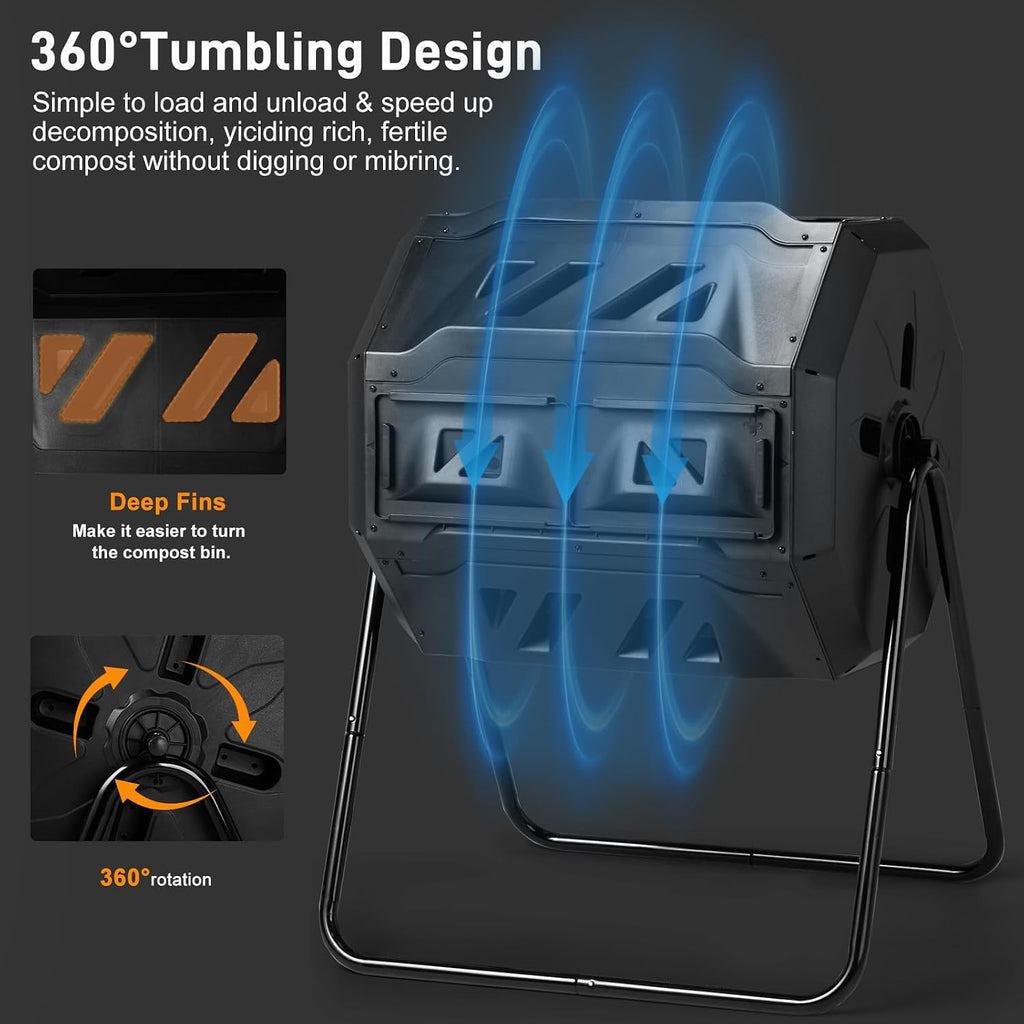 42 Gallon Outdoor Compost Tumbler Dual Chamber, Rotating Batch Compost Bin with 360° Tumbling Design, Heavy Duty