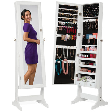 Freestanding Jewelry Armoire Cabinet, Full Length Standing Mirror, Lockable Makeup Storage Organizer, w/Velvet