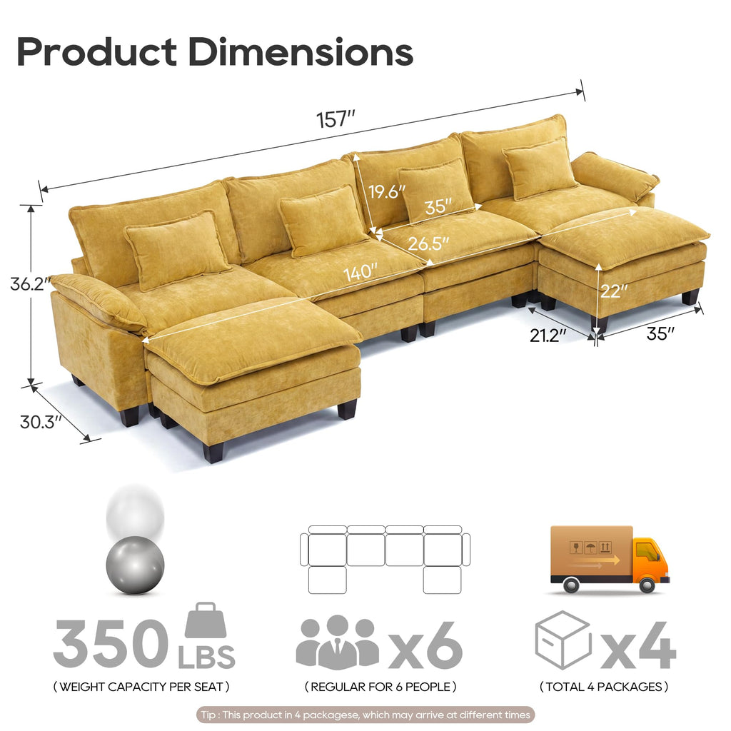 Oversized Modular Sectional Sofa, Yellow:157" U Shaped