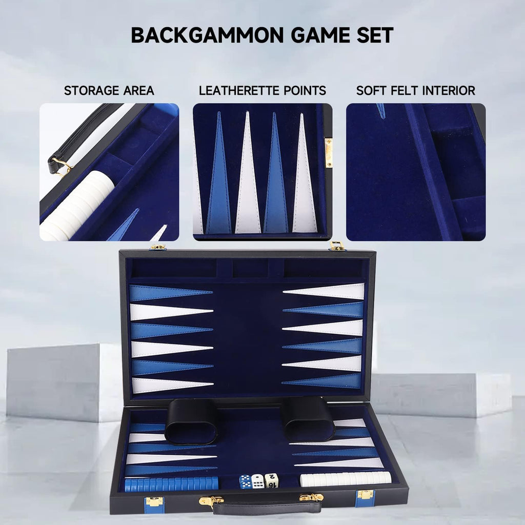 GSE Premium Leather Backgammon Board Game Set, Black&Blue, Large