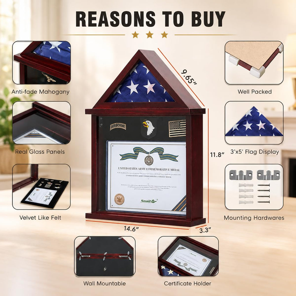 Flag Display Case Military Shadow Box for a Folded Army 3'x5' Flag