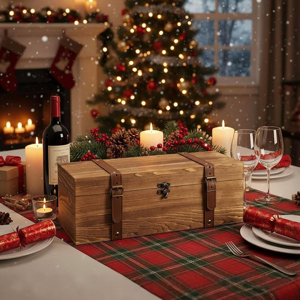 Rustic Brown Wood Wine Gift Box, Whiskey Bottle Case, 14 x 5 inch