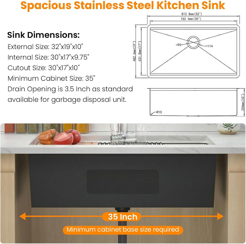 32 Kitchen Sink Undermount - 32 x 19 x 10 Inch Undermount Sink | Ledge Workstation 10"Deep Single Bowl 16 Gauge