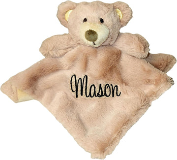 Custom Personalized Teddy Bear Lovie Lovey Security Blanket with Rattle (Brown Bear with Embroidery Name)