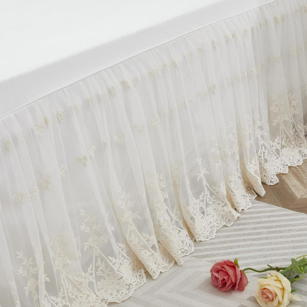 Luxury Ivory White Lace Bed Skirt Queen Size Split Corners Romantic Vintage Girls Bed Cover Dust Ruffle Bed Skirts 18