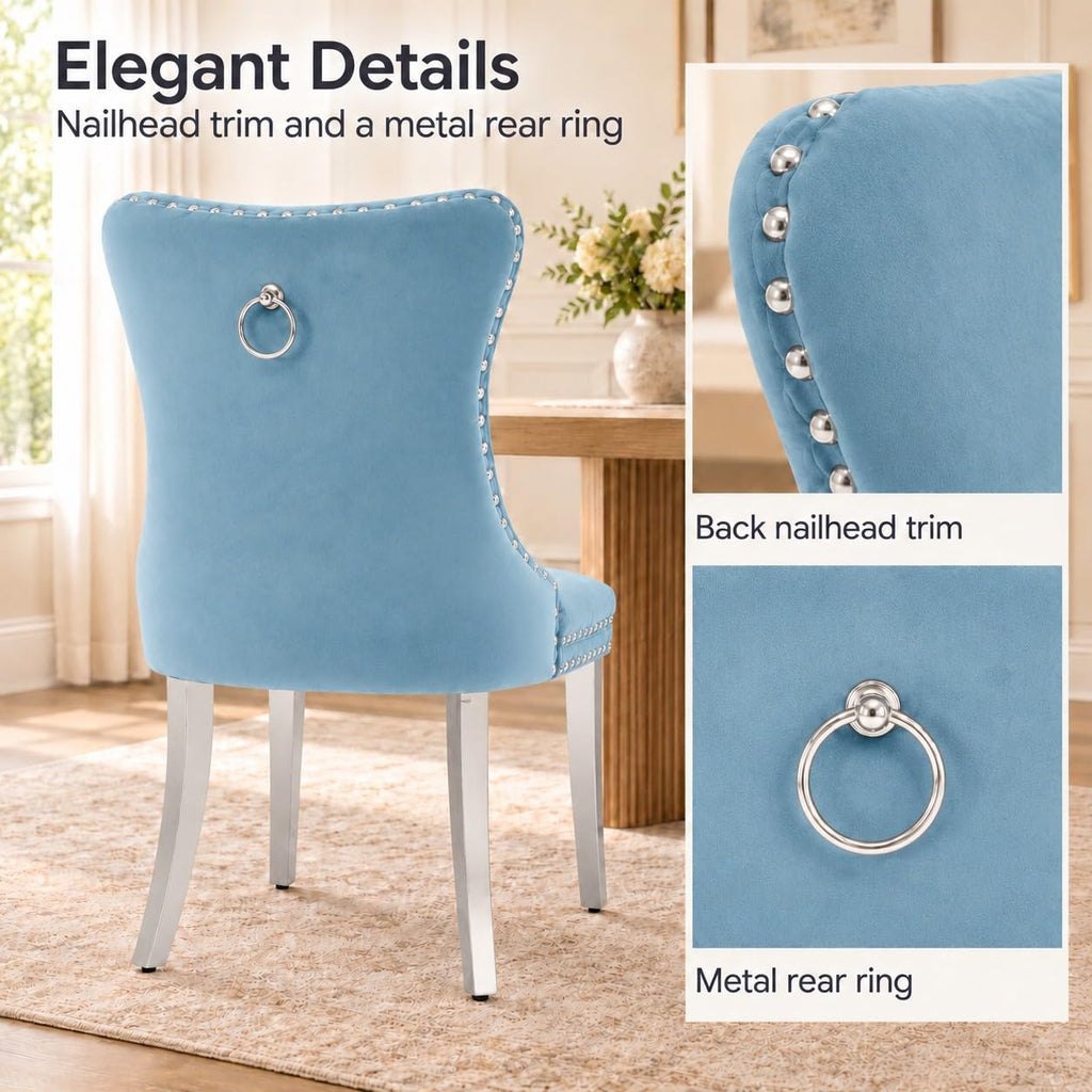 Luxury Upholstered Dining Chairs Set of 4, Light Blue Kitchen Chair with Silver Metal Legs, Velvet Tufted Back Dining