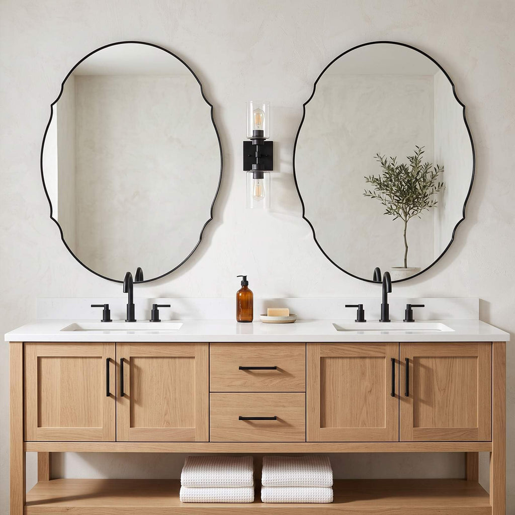 22x30 Matte Black Farmhouse Scalloped Oval Bathroom Vanity Mirror