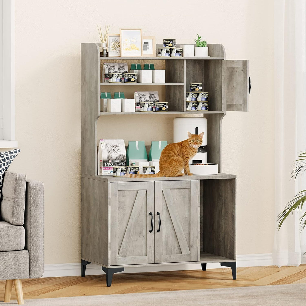 Cat Litter Box Enclosure, Large Hidden Cat Litter Box Furniture with Storage Shelves and Doors, Wooden Cat Washroom